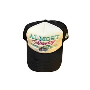 Almost Someday Hotel Trucker Hat Black White Embroidered Roses Snapback